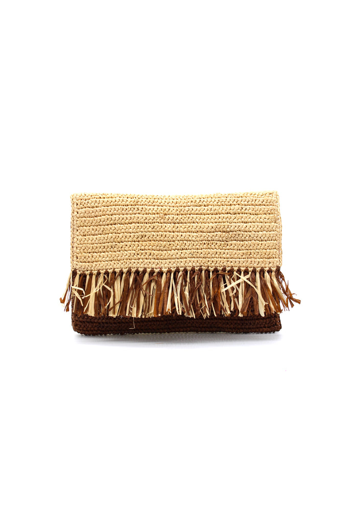 Coco Fringe Crochet Raffia Clutch Purse dark brown and natural color two tone straw handbag - Shebobo