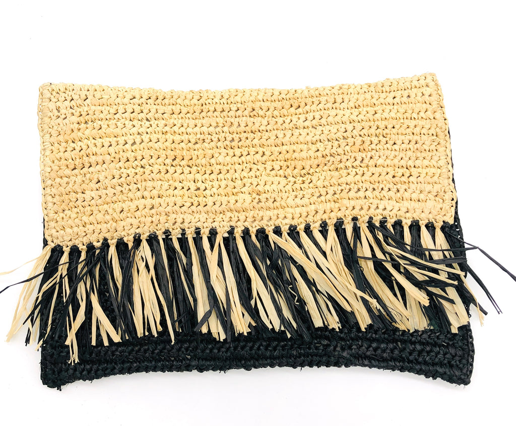 Coco Fringe Crochet Straw Clutch black and natural straw color two tone handmade purse with horizontal band of multicolor fringe - Shebobo