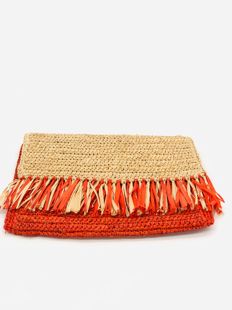 Coco Fringe Crochet Straw Clutch coral orange and natural straw color two tone handmade purse with horizontal band of multicolor fringe - Shebobo