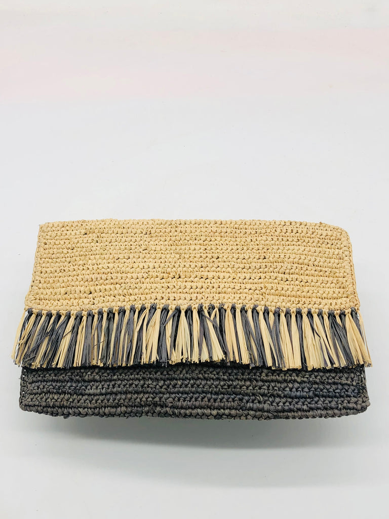 Coco Fringe Crochet Straw Clutch grey and natural straw color two tone handmade purse with horizontal band of multicolor fringe - Shebobo