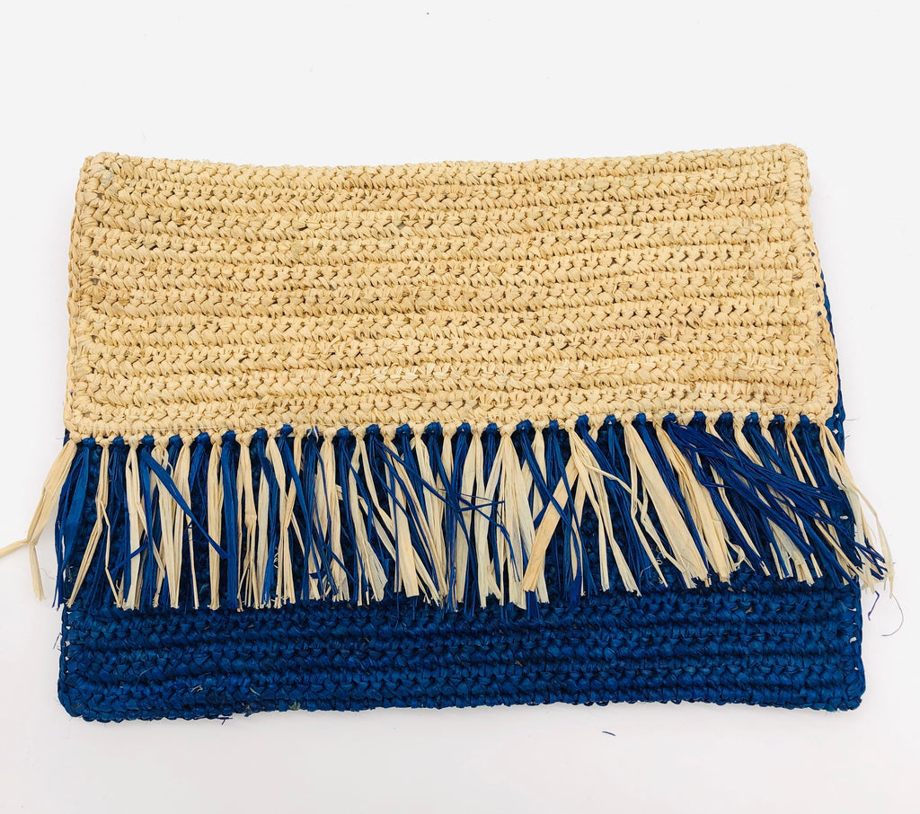 Coco Fringe Crochet Straw Clutch navy blue and natural straw color two tone handmade purse with horizontal band of multicolor fringe - Shebobo