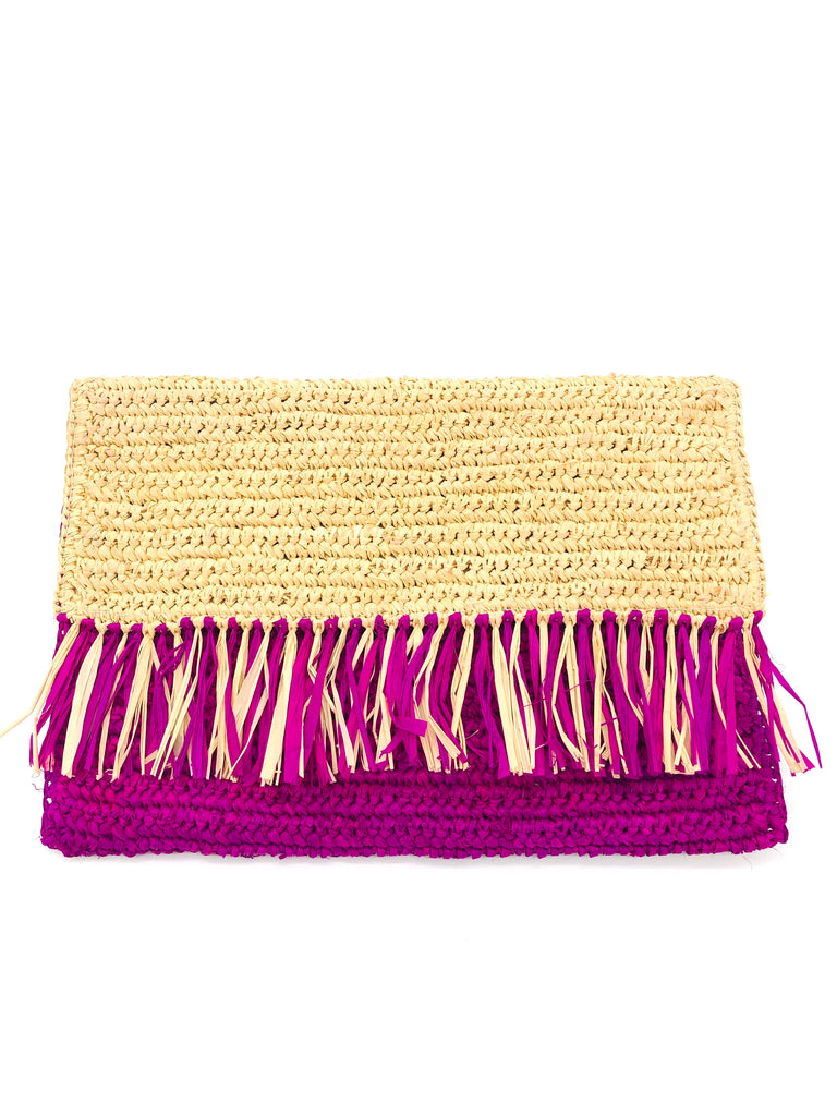 Coco Fringe Crochet Straw Clutch orchid pink/purple and natural straw color two tone handmade purse with horizontal band of multicolor fringe - Shebobo