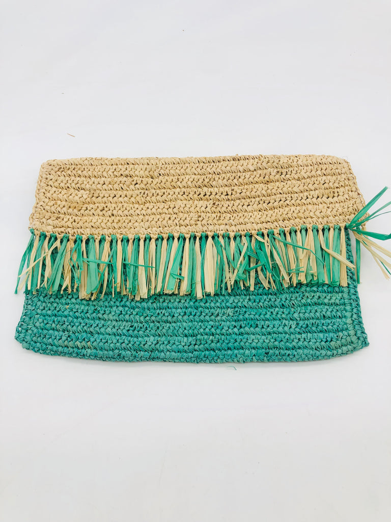 Coco Fringe Crochet Straw Clutch Seafoam blue and natural straw color two tone handmade purse with horizontal band of multicolor fringe - Shebobo