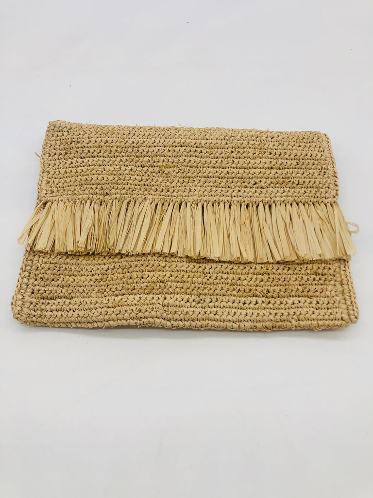 Coco Fringe Crochet Straw Clutch natural straw color handmade purse with horizontal band of raw fringe - Shebobo