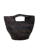 ConCon Crochet Straw Basket handmade woven raffia palm fiber in a solid hue of black making a textured link pattern handbag tote - Shebobo