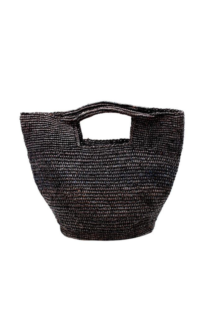 ConCon Crochet Straw Basket handmade woven raffia palm fiber in a solid hue of black making a textured link pattern handbag tote - Shebobo