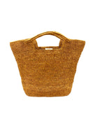 ConCon Crochet Straw Basket handmade woven raffia palm fiber in a solid hue of cinnamon/tobacco/dark/brown making a textured link pattern handbag tote - Shebobo