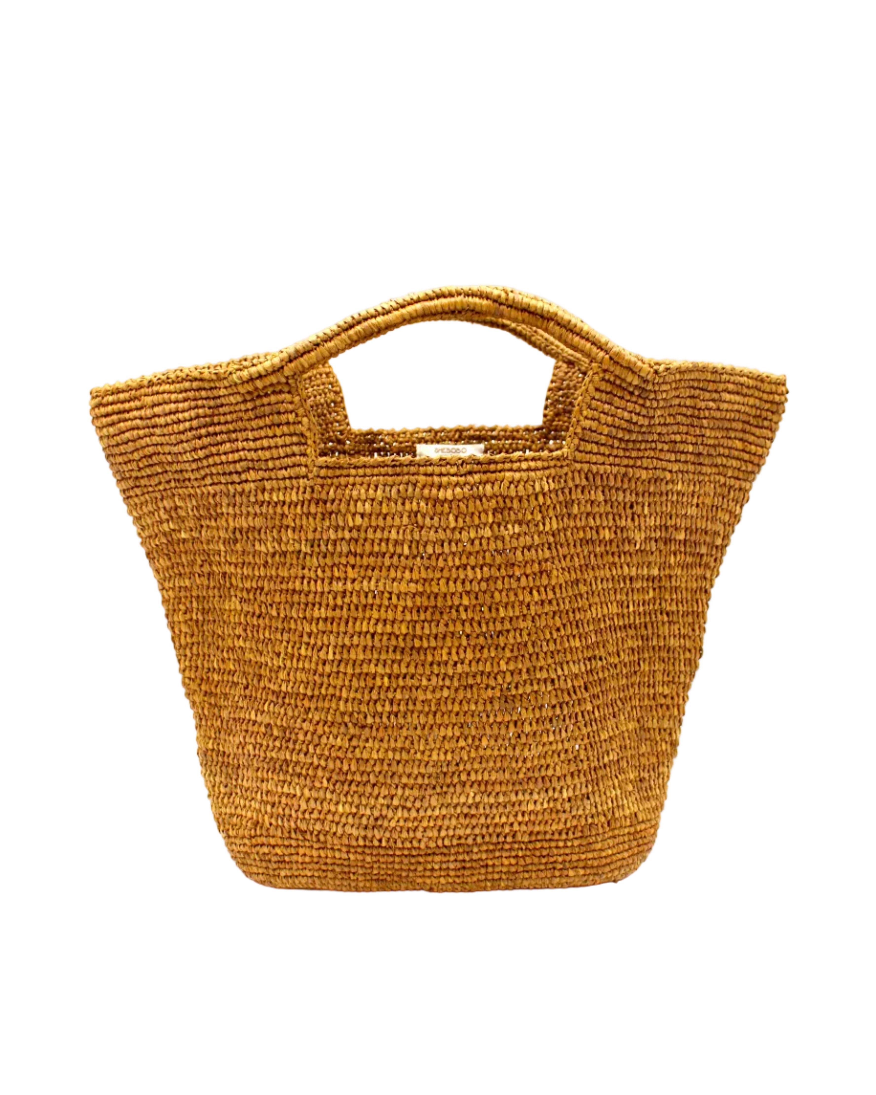 ConCon Crochet Straw Basket handmade woven raffia palm fiber in a solid hue of cinnamon/tobacco/dark/brown making a textured link pattern handbag tote - Shebobo