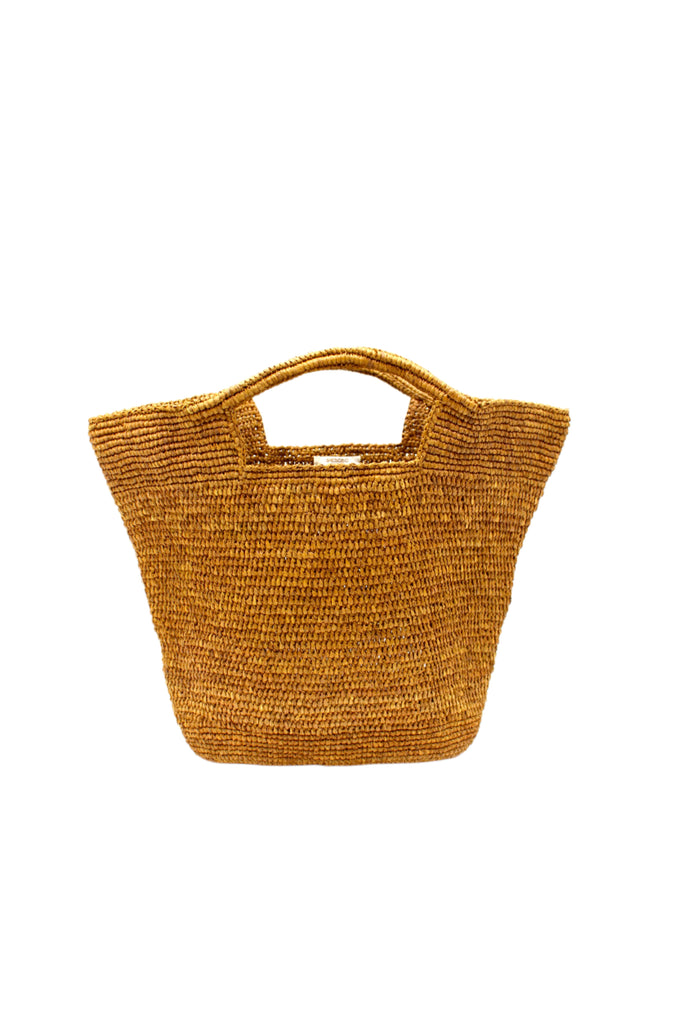 ConCon Crochet Straw Basket handmade woven raffia palm fiber in a solid hue of cinnamon/tobacco/dark/brown making a textured link pattern handbag tote - Shebobo