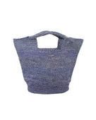 ConCon Crochet Straw Basket handmade woven raffia palm fiber in a solid hue of denim retro/light/blue making a textured link pattern handbag tote - Shebobo