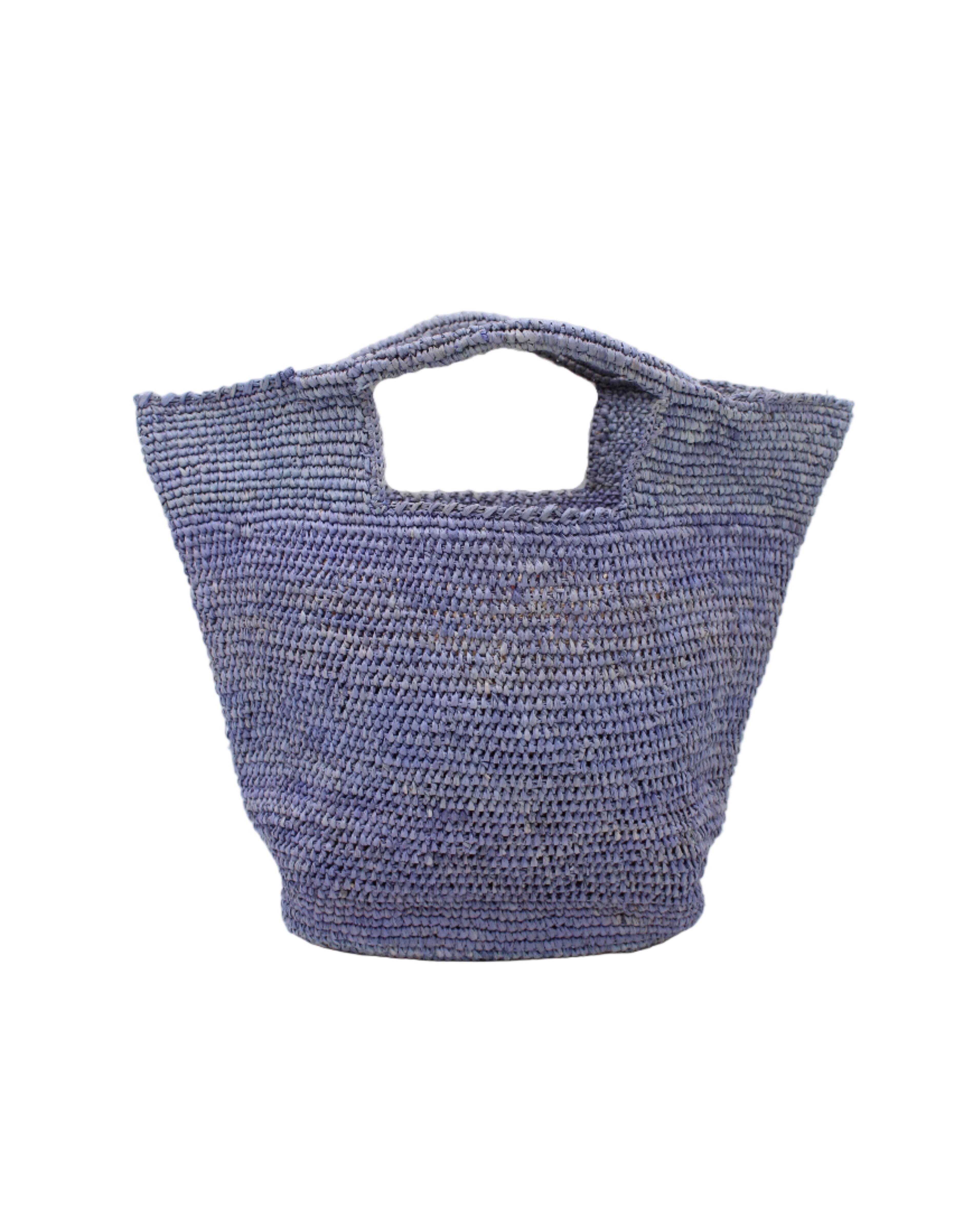 ConCon Crochet Straw Basket handmade woven raffia palm fiber in a solid hue of denim retro/light/blue making a textured link pattern handbag tote - Shebobo