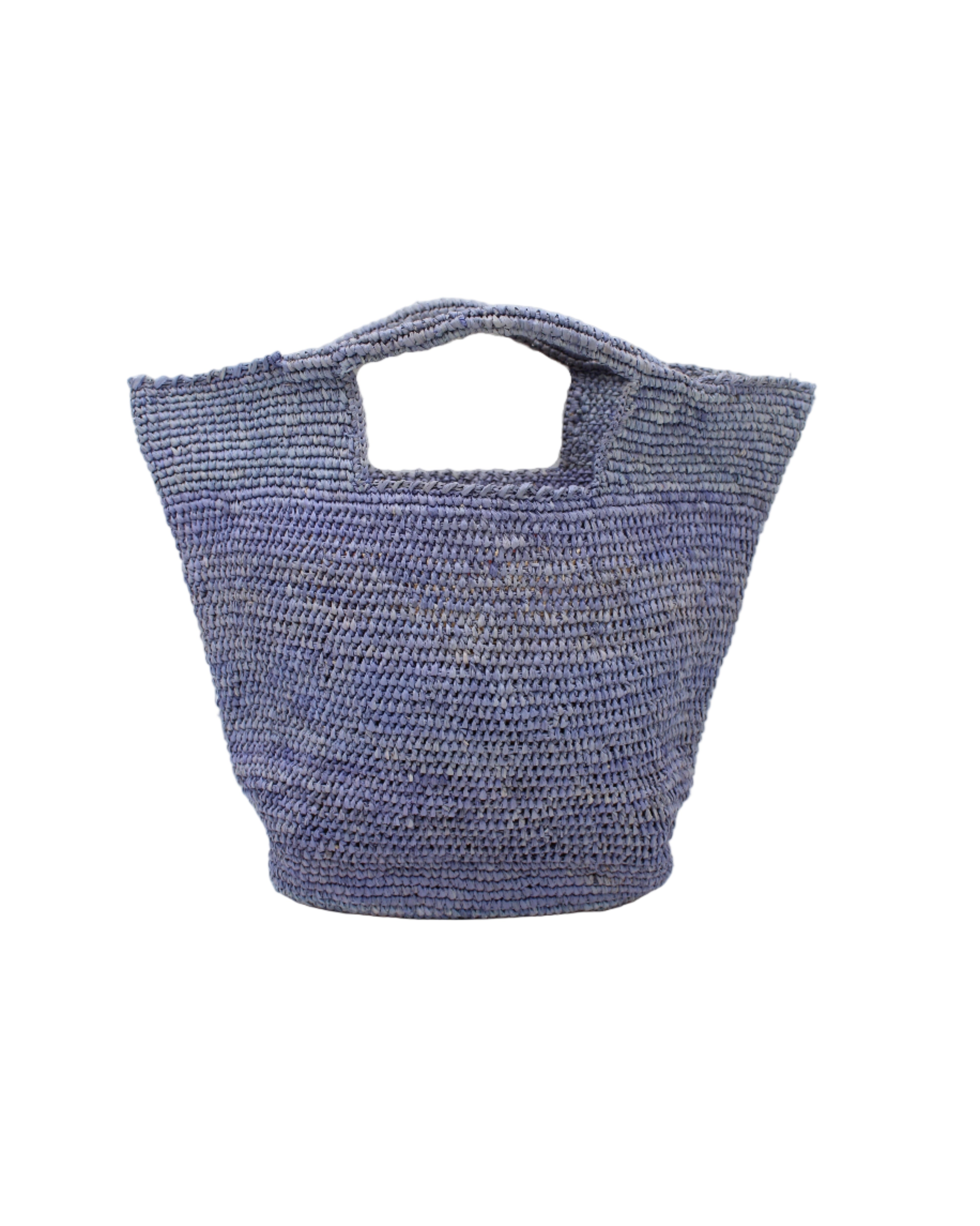 ConCon Crochet Straw Basket handmade woven raffia palm fiber in a solid hue of denim retro/light/blue making a textured link pattern handbag tote - Shebobo