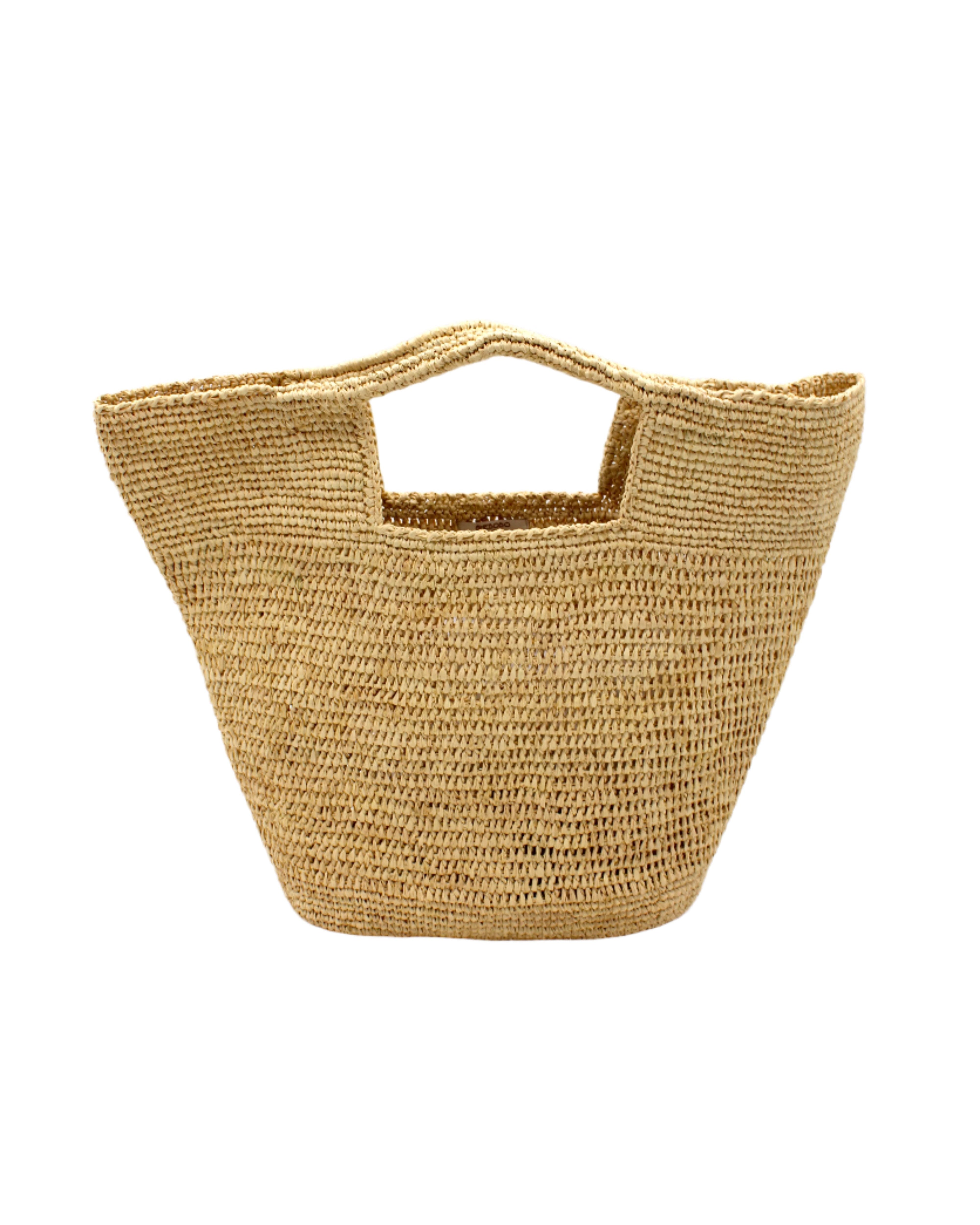 ConCon Crochet Straw Basket handmade woven raffia palm fiber in a solid hue of natural straw color making a textured link pattern handbag tote - Shebobo