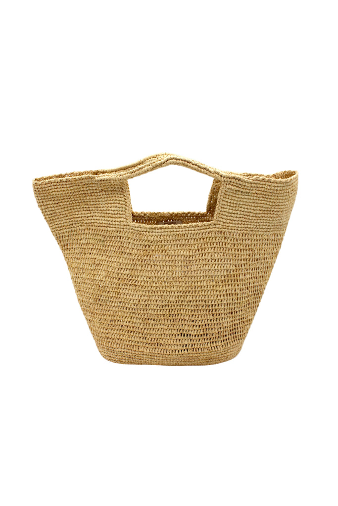 ConCon Crochet Straw Basket handmade woven raffia palm fiber in a solid hue of natural straw color making a textured link pattern handbag tote - Shebobo