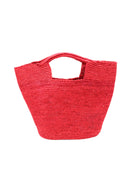 ConCon Crochet Straw Basket handmade woven raffia palm fiber in a solid hue of red making a textured link pattern handbag tote - Shebobo