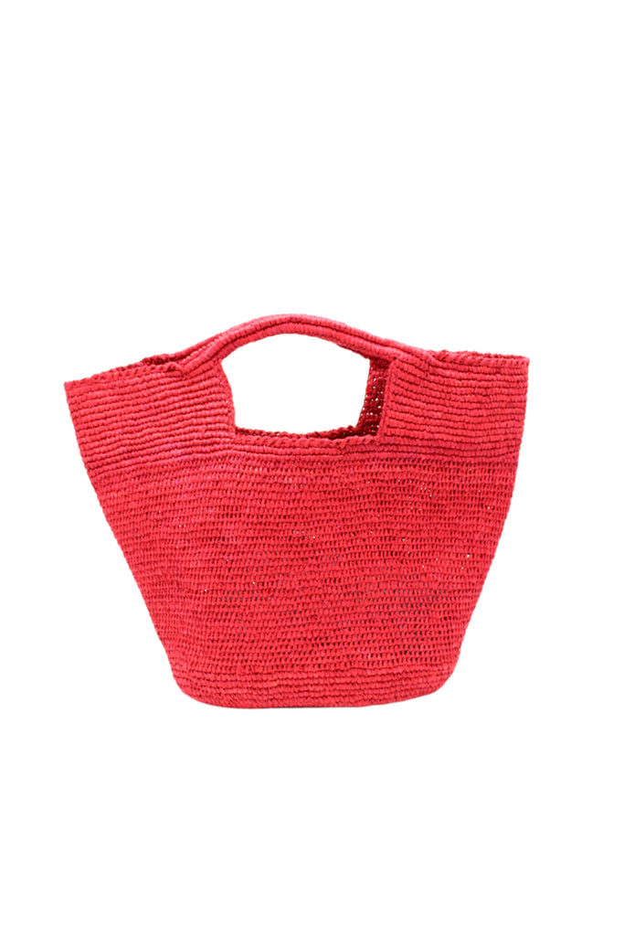 ConCon Crochet Straw Basket handmade woven raffia palm fiber in a solid hue of red making a textured link pattern handbag tote - Shebobo