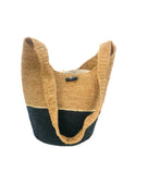Coronado Two Tone Crochet Crossbody Bag handmade with interior liner, horn button and loop closure raffia purse black bottom, with narrow natural straw color horizontal stripe separating light brown/tea colored top & shoulder strap - Shebobo