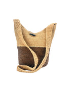 Coronado Two Tone Crochet Crossbody Bag handmade with interior liner, horn button and loop closure raffia purse cinnamon/tobacco/dark brown bottom, with narrow natural straw color horizontal stripe separating light brown/tea colored top & shoulder strap - Shebobo