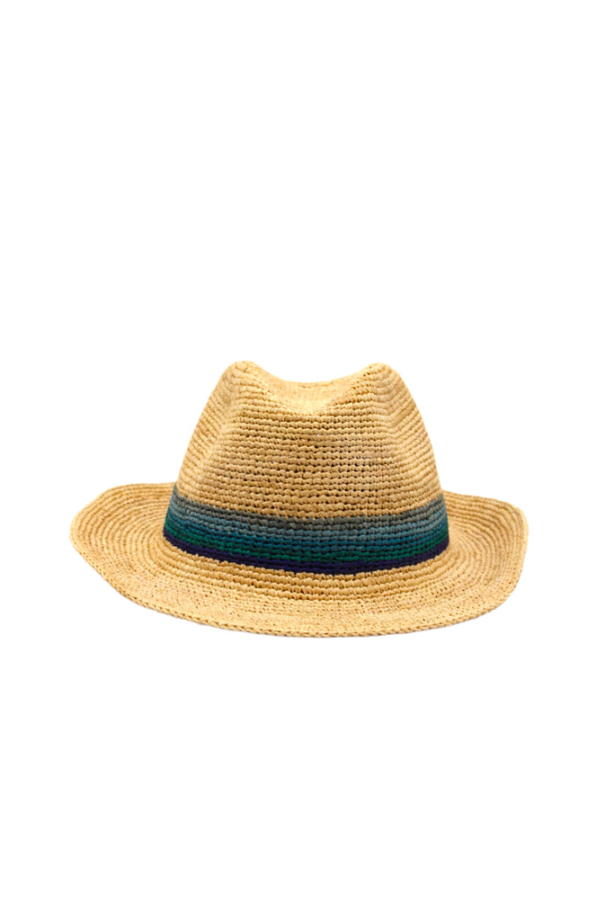 Crochet Fedora - Unisex Straw Sun Hats handmade woven natural raffia palm fiber in a solid hue of natural straw color with woven in multicolored hatband of blue, baby blue, turquoise blue, and navy blue hues - Shebobo