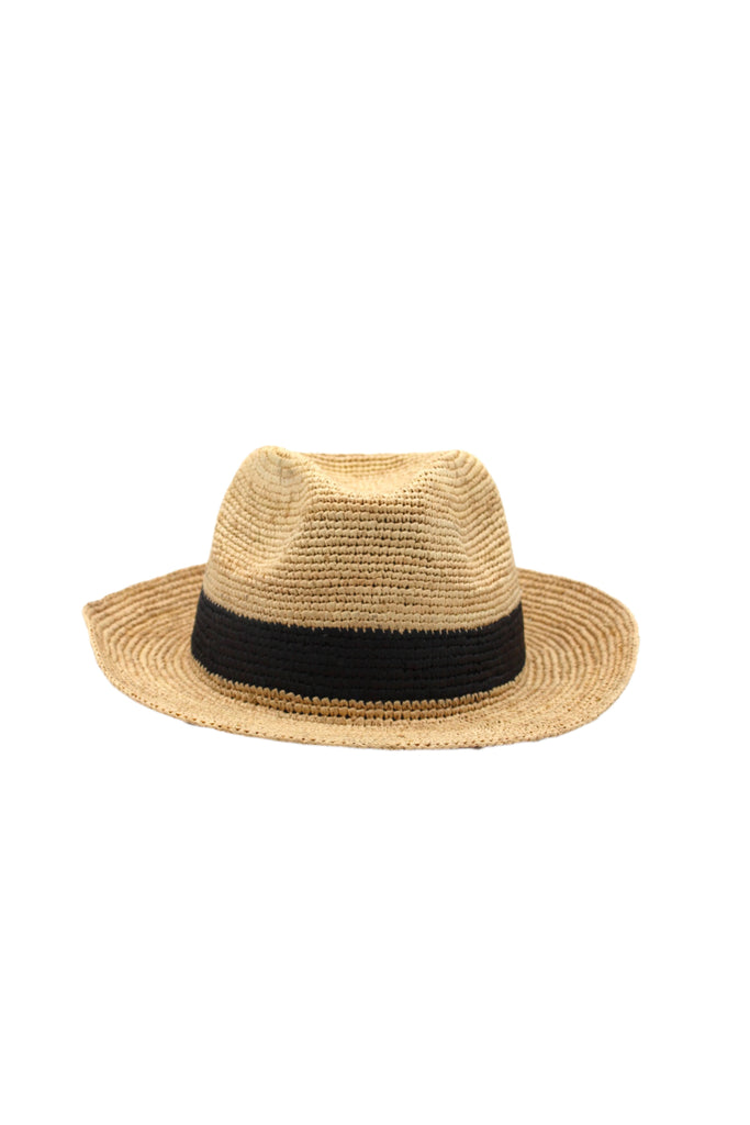 Crochet Fedora - Unisex Straw Sun Hats handmade woven natural raffia palm fiber in a solid hue of natural straw color with woven in hatband of  black - Shebobo