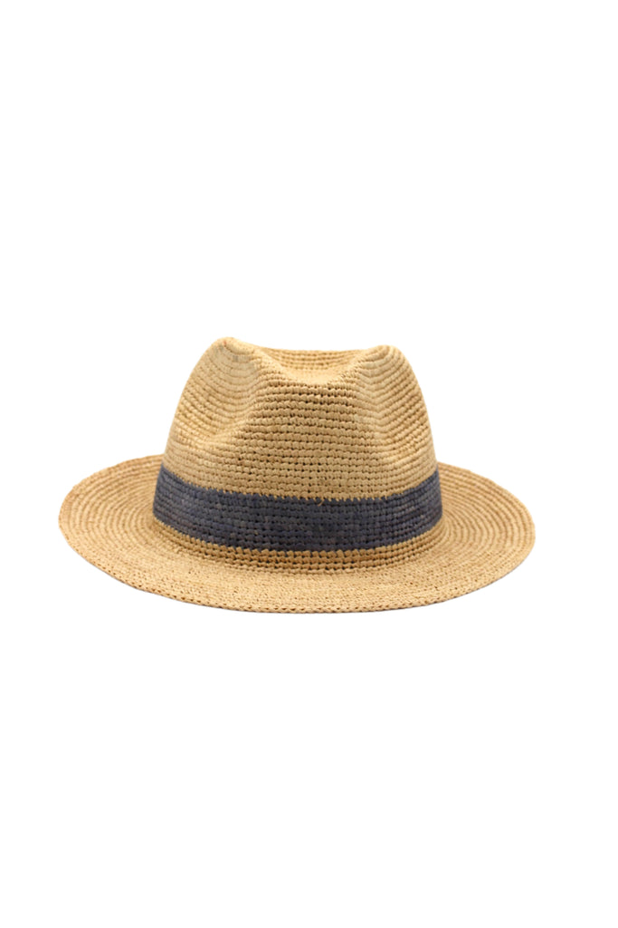 Crochet Fedora - Unisex Straw Sun Hats handmade woven natural raffia palm fiber in a solid hue of natural straw color with woven in hatband of  grey - Shebobo