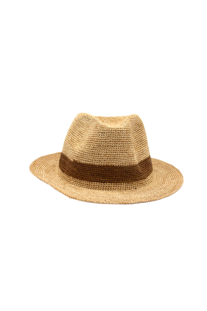 Crochet Fedora - Unisex Straw Sun Hats handmade woven natural raffia palm fiber in a solid hue of natural straw color with woven in hatband of  cinnamon/tobacco/brown - Shebobo