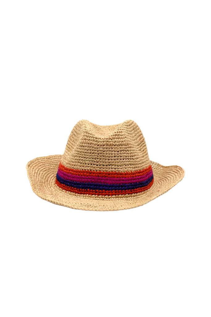 Crochet Fedora - Unisex Straw Sun Hats handmade woven natural raffia palm fiber in a solid hue of natural straw color with woven in multicolored hatband of fuchsia bright/hot/barbie/pink, coral orange/red, and navy blue hues - Shebobo