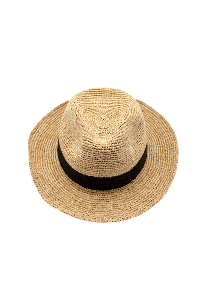 Crochet Fedora - Unisex Straw Sun Hats handmade woven natural raffia palm fiber in a solid hue of natural straw color with woven in hatband of  black - Shebobo