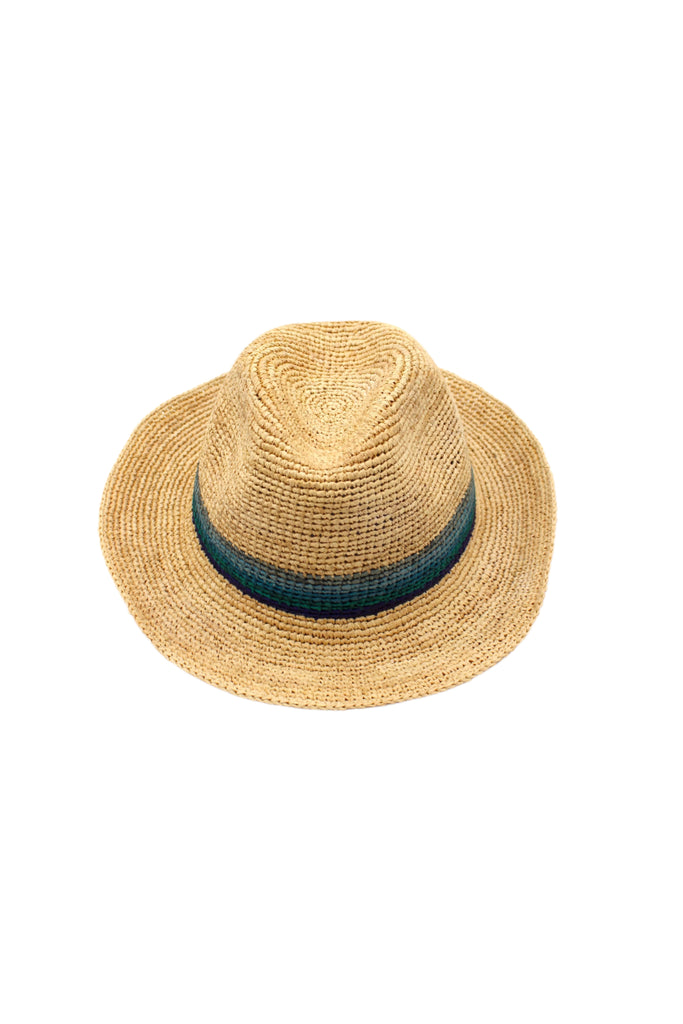 Crochet Fedora - Unisex Straw Sun Hats handmade woven natural raffia palm fiber in a solid hue of natural straw color with woven in multicolored hatband of blue, baby blue, turquoise blue, and navy blue hues - Shebobo