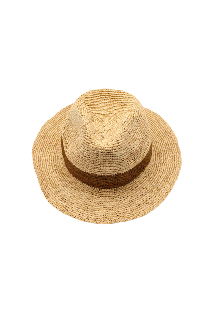 Crochet Fedora - Unisex Straw Sun Hats handmade woven natural raffia palm fiber in a solid hue of natural straw color with woven in hatband of  cinnamon/tobacco/brown - Shebobo