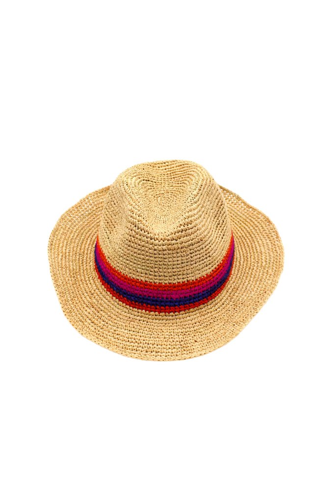 Crochet Fedora - Unisex Straw Sun Hats handmade woven natural raffia palm fiber in a solid hue of natural straw color with woven in multicolored hatband of fuchsia bright/hot/barbie/pink, coral orange/red, and navy blue hues - Shebobo