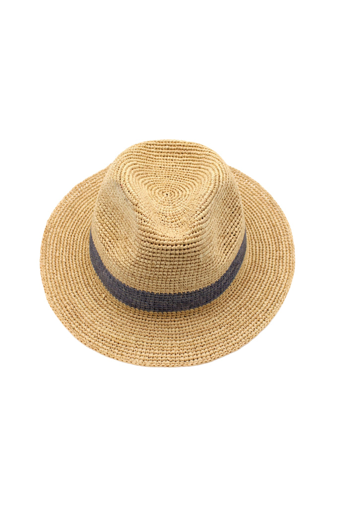 Crochet Fedora - Unisex Straw Sun Hats handmade woven natural raffia palm fiber in a solid hue of natural straw color with woven in hatband of  grey - Shebobo