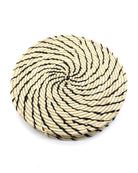 Dabu Round Two Tone Swirl Raffia Straw Coasters & Placemats Set of 6 handmade natural raffia palm fiber in a crochet loop disc technique creating concentric circular stripe pattern of texture in a solid hue of natural straw color with contrasting knotted spiral swirl weave in black sets of six placemats or coasters - Shebobo