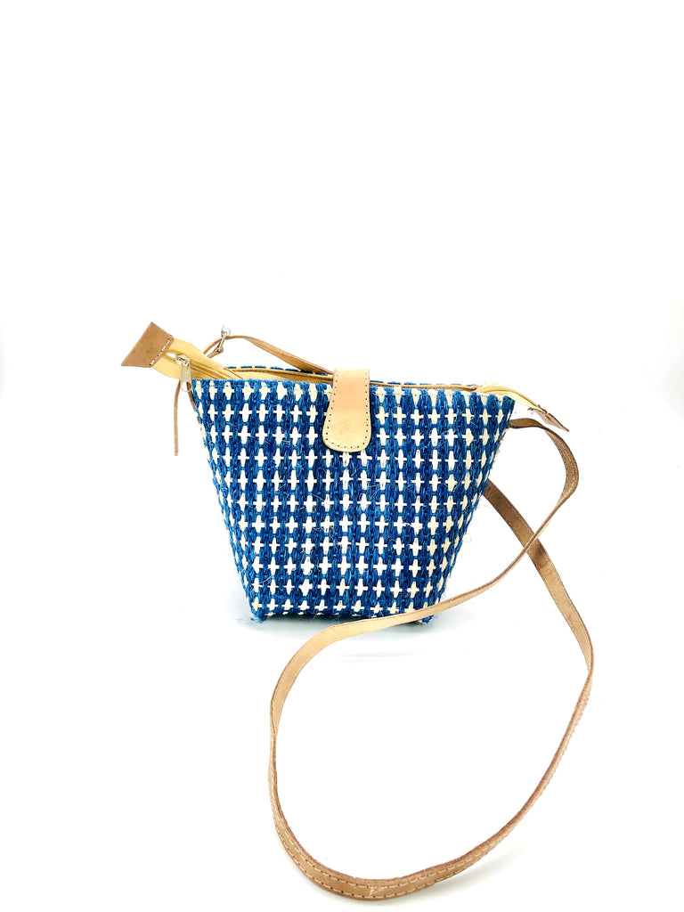 Dana Check Sisal Crossbody Bag handmade woven sisal fibers in a cross/check pattern two tone turquoise blue and natural with adjustable leather shoulder strap purse - Shebobo