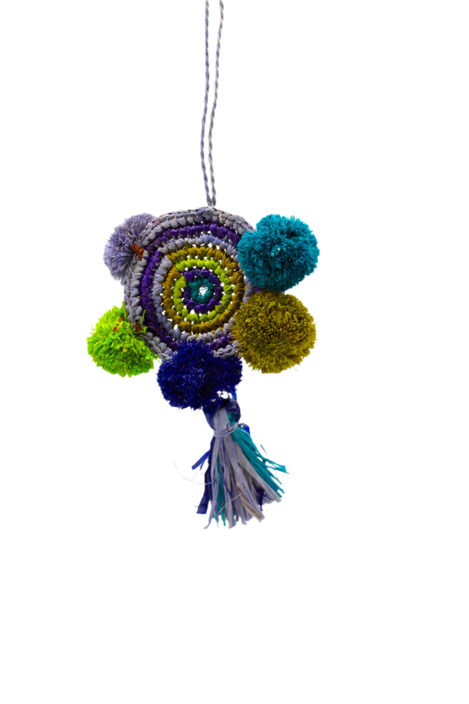 Bag Charm Embellishment - handmade dreamcatcher pompom raffia poufs and tuft tassel handbag personalization in cool tones multicolor lime green, olive green, blue, navy dark/blue, turquoise blue, and teal boho decor - Shebobo