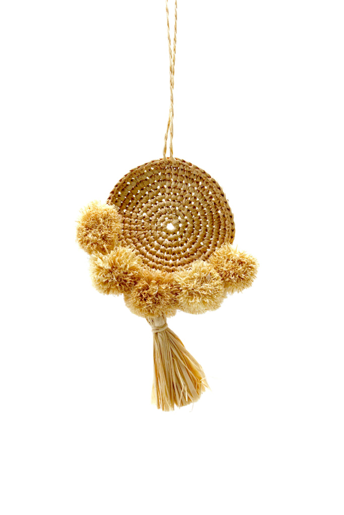 Bag Charm Embellishment - handmade dreamcatcher pompom raffia poufs and tuft tassel handbag personalization in natural straw color boho decor - Shebobo