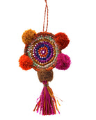 Bag Charm Embellishment - handmade dreamcatcher pompom raffia poufs and tuft tassel handbag personalization in multicolor mint green,  fuchsia pink, coral orange, saffron yellow, orchid purple, pink, carmel brown, cinnamon/tobacco/light brown, turquoise blue boho decor - Shebobo