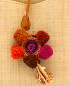 Bag Charm Embellishment - handmade dreamcatcher pompom raffia poufs and tuft tassel handbag personalization in multicolor mint green,  fuchsia pink, coral orange, saffron yellow, orchid purple, pink, carmel brown, cinnamon/tobacco/light brown, turquoise blue boho decor - Shebobo