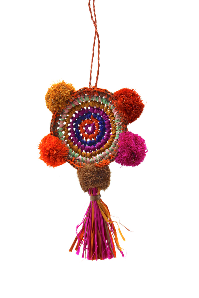 Bag Charm Embellishment - handmade dreamcatcher pompom raffia poufs and tuft tassel handbag personalization in multicolor mint green,  fuchsia pink, coral orange, saffron yellow, orchid purple, pink, carmel brown, cinnamon/tobacco/light brown, turquoise blue boho decor - Shebobo