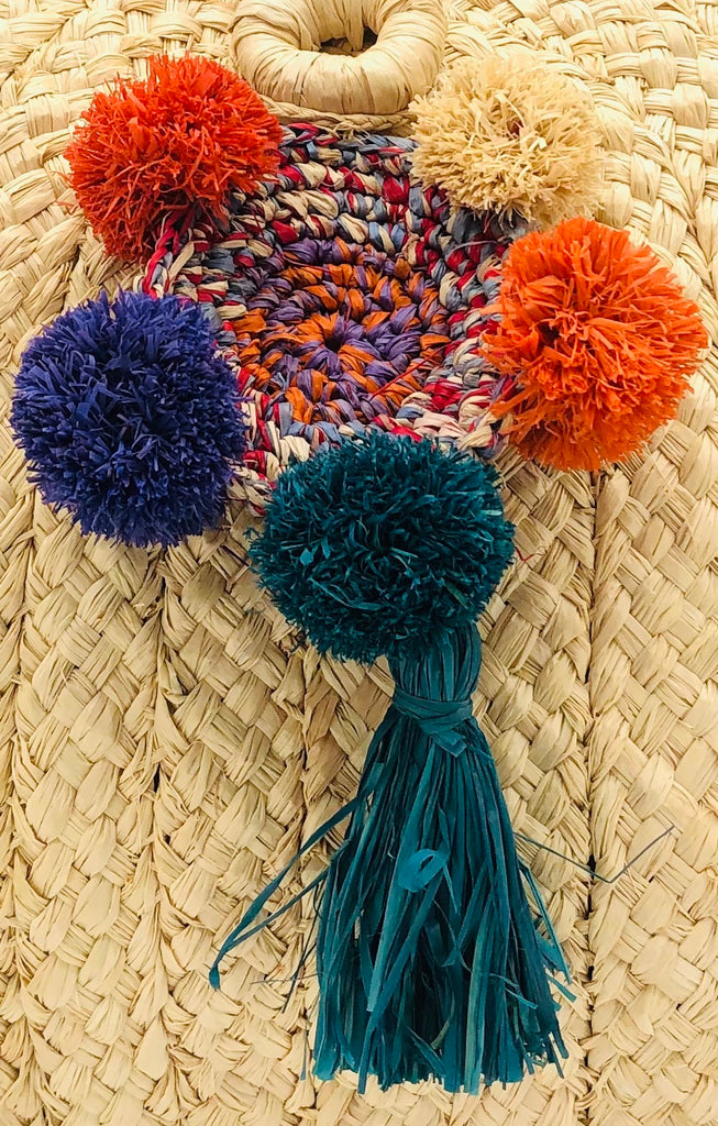 Bag Charm Embellishment - handmade dreamcatcher pompom raffia poufs and tuft tassel handbag personalization in multicolor coral, orange, red, grey, lavender, navy, turquoise, and natural  color boho decor - Shebobo