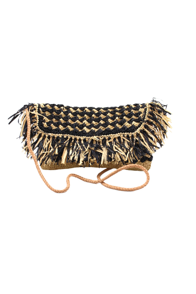 Elsea black and natural straw color two tone crossbody purse handmade knotted and crochet raffia palm fiber with a raw fringe edge embellishment and  braided leather shoulder strap purse shoulder bag - Shebobo