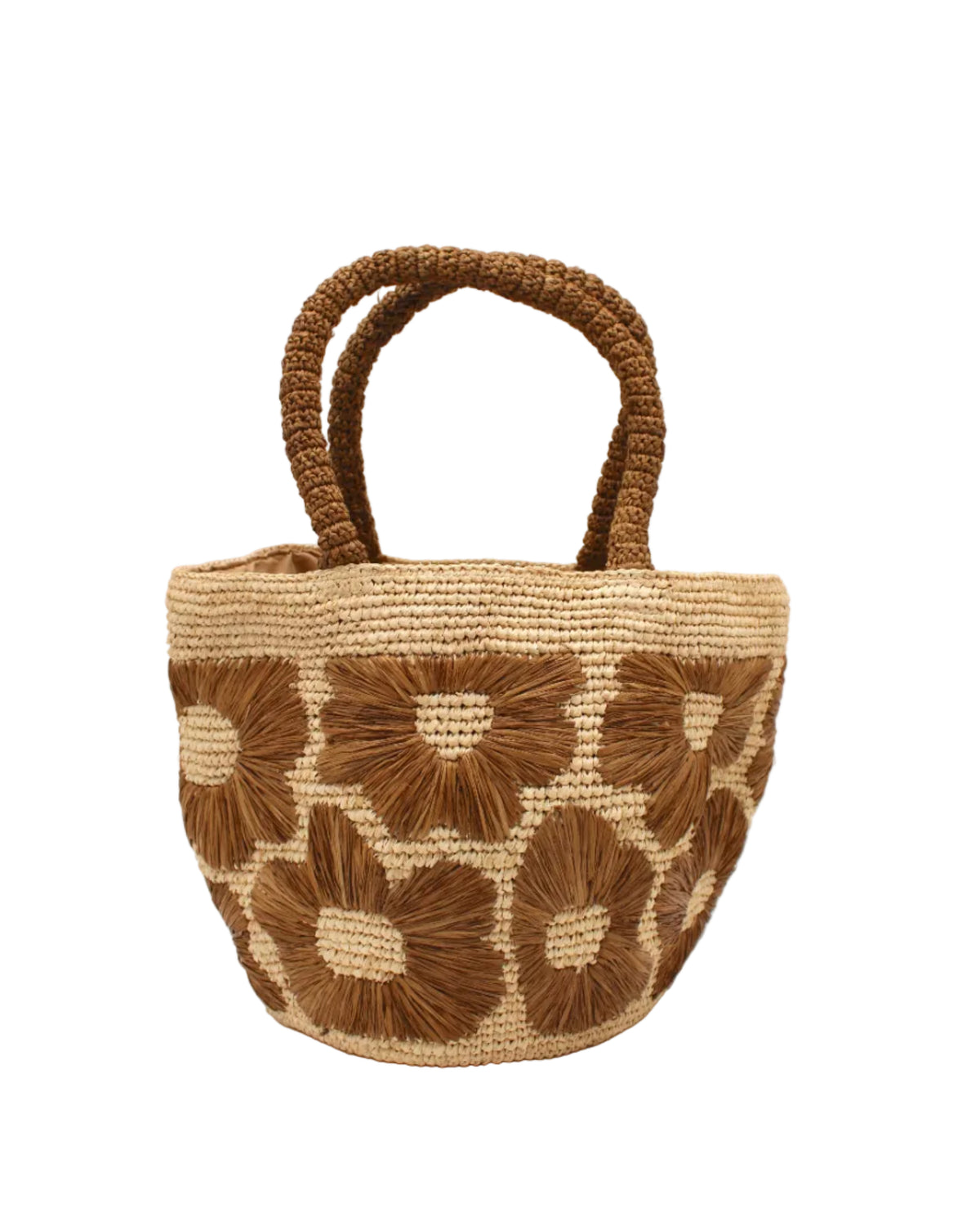 Eva Embroidered Flower Crochet Straw Basket Handbag two tone handmade crochet raffia palm in a solid hue of natural straw color with Tobacco dark/cinnamon/brown embroidered floral pattern and matching blush crochet handles beach bag tote purse - Shebobo