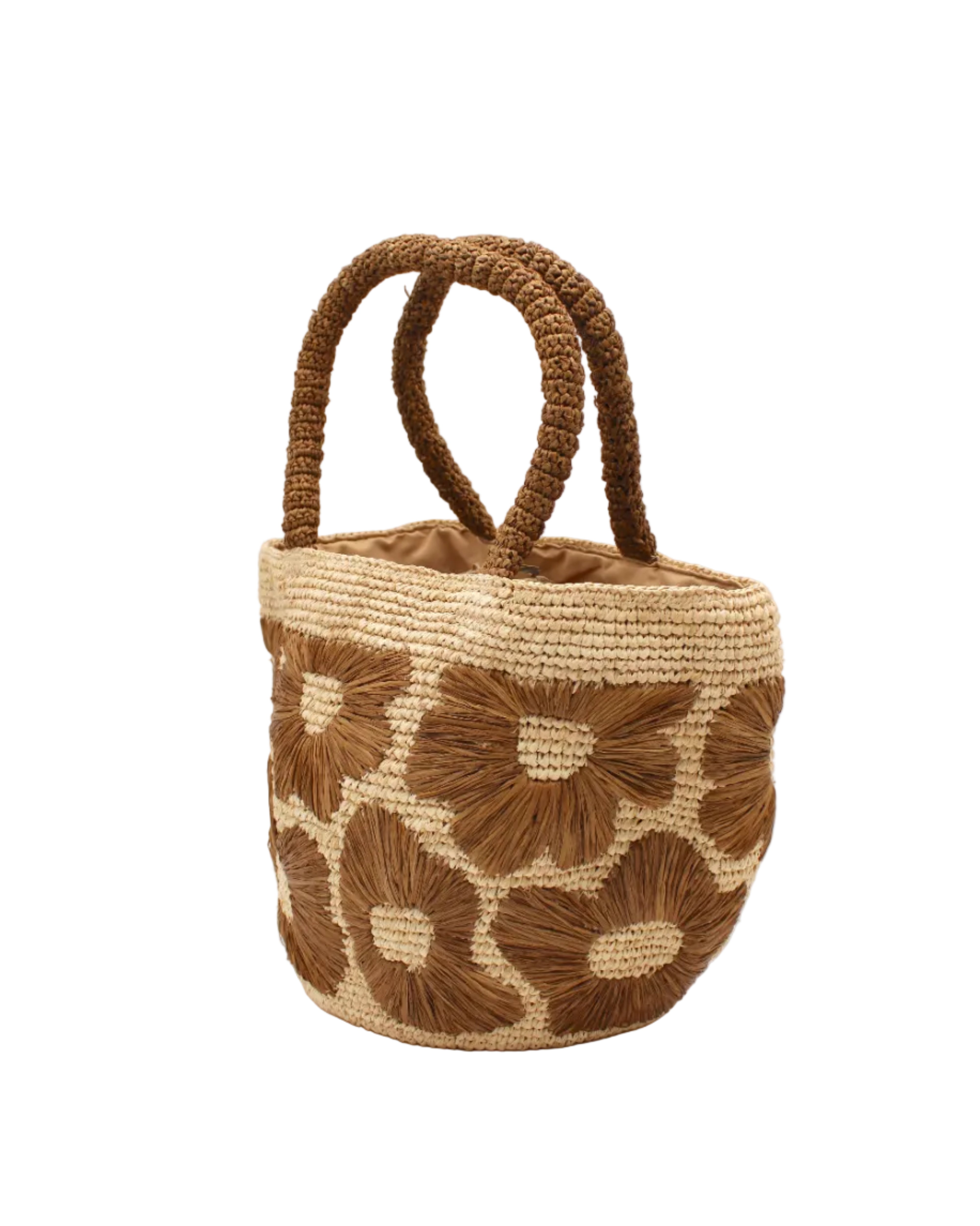 Side view Eva Embroidered Flower Crochet Straw Basket Handbag two tone handmade crochet raffia palm in a solid hue of natural straw color with Tobacco dark/cinnamon/brown embroidered floral pattern and matching blush crochet handles beach bag tote purse - Shebobo