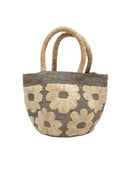 Eva Embroidered Flower Crochet Straw Basket Handbag two tone handmade crochet raffia palm in a solid hue of grey with natural straw color embroidered floral pattern and matching natural crochet handles beach bag tote purse - Shebobo