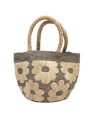 Eva Embroidered Flower Crochet Straw Basket Handbag two tone handmade crochet raffia palm in a solid hue of grey with natural straw color embroidered floral pattern and matching natural crochet handles beach bag tote purse - Shebobo