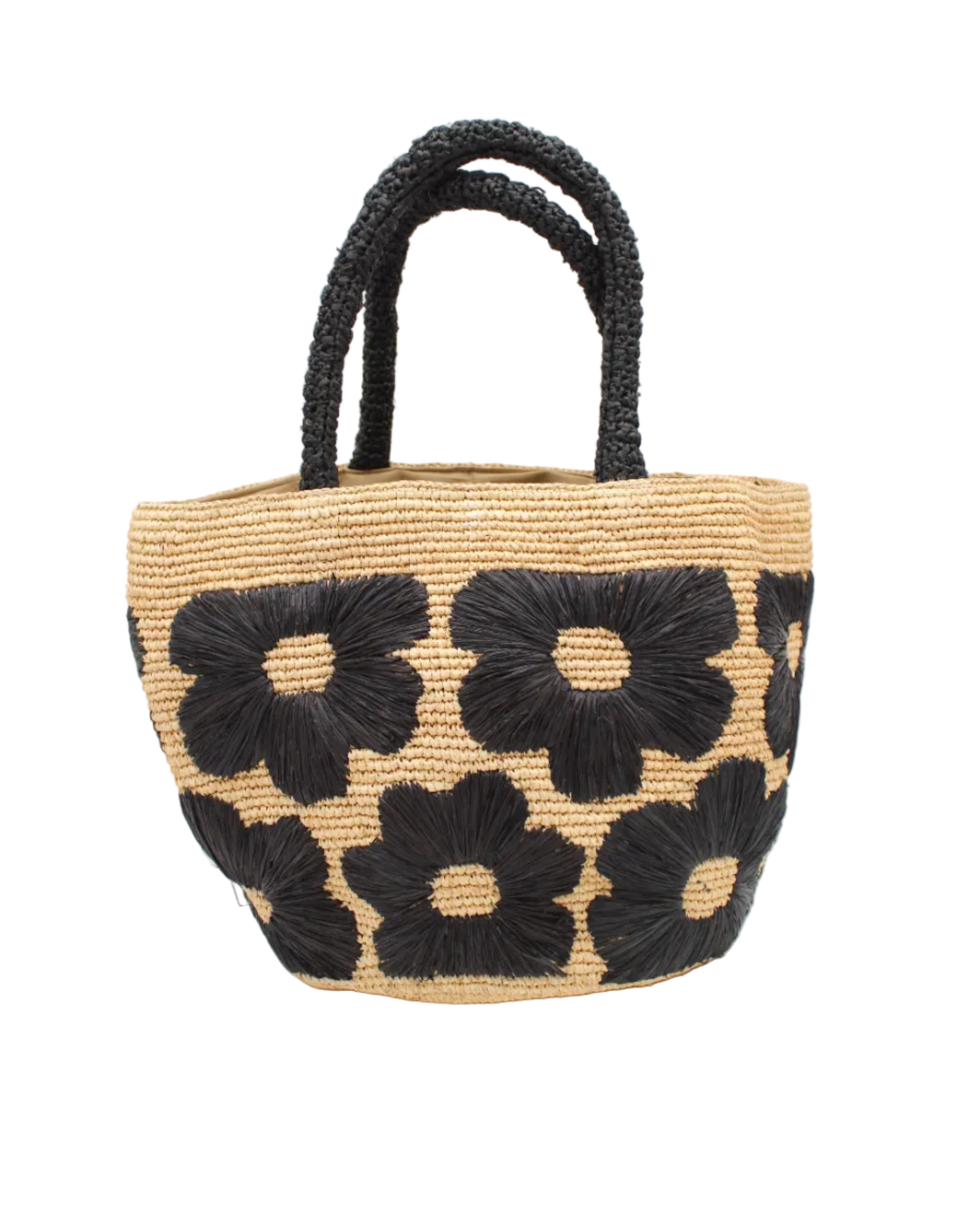 Eva Embroidered Flower Crochet Straw Basket Handbag two tone handmade crochet raffia palm in a solid hue of natural straw color with black embroidered floral pattern and matching black crochet handles beach bag tote purse - Shebobo