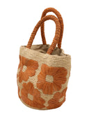 Side view Eva Embroidered Flower Crochet Straw Basket Handbag two tone handmade crochet raffia palm in a solid hue of natural straw color with blush pink/orange embroidered floral pattern and matching blush crochet handles beach bag tote purse - Shebobo