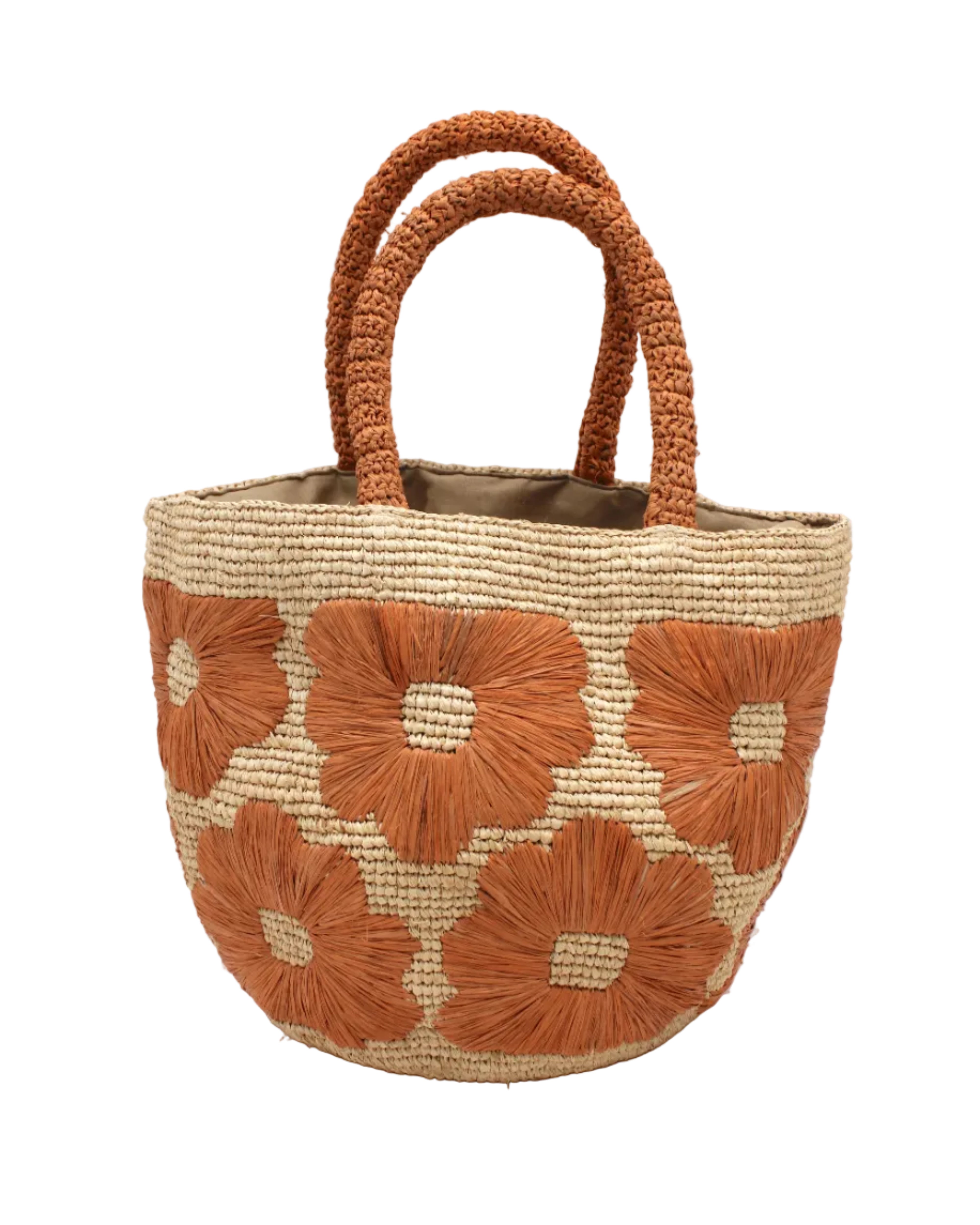 Eva Embroidered Flower Crochet Straw Basket Handbag two tone handmade crochet raffia palm in a solid hue of natural straw color with blush pink/orange embroidered floral pattern and matching blush crochet handles beach bag tote purse - Shebobo