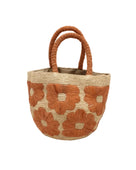 Eva Embroidered Flower Crochet Straw Basket Handbag two tone handmade crochet raffia palm in a solid hue of natural straw color with blush pink/orange embroidered floral pattern and matching blush crochet handles beach bag tote purse - Shebobo
