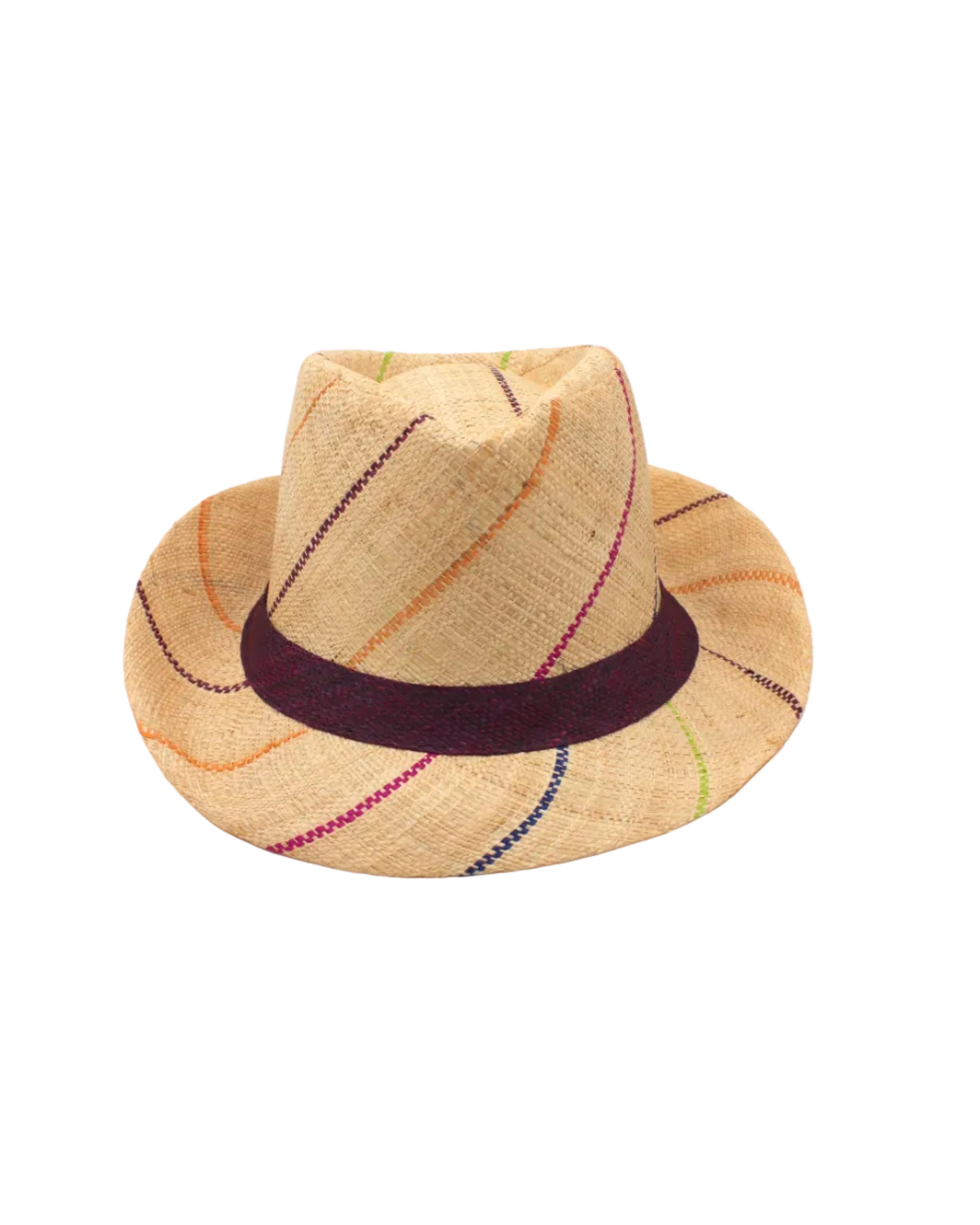 Fedra 2" Brim Fedora Unisex Straw Hats natural and brights multicolor pinstripes packable raffia straw hat handmade loomed raffia in wide bands of natural straw color with narrow bands of lime green, bordeaux red, fuchsia pink, orange, cinnaon/tobacco/brown, blush orange/pink, etc. create a stripe swirl pattern - Shebobo